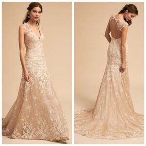 BHLDN Trevi Whispers and Echoes Lace Trumpet Wedding Gown Dress Champagne 12